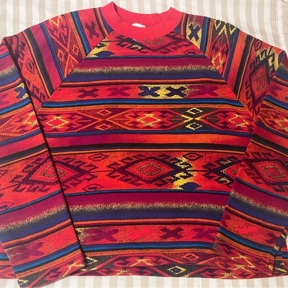 Y2K 90s United Colors Of Benetton Red aztec Patterned Crewneck Sweater M - Picture 1 of 3